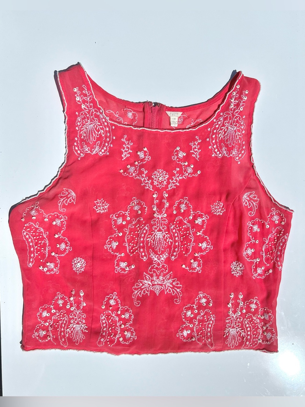 Vintage Crop Top Tank Sleeveless Sequin Embroidered Coral XS